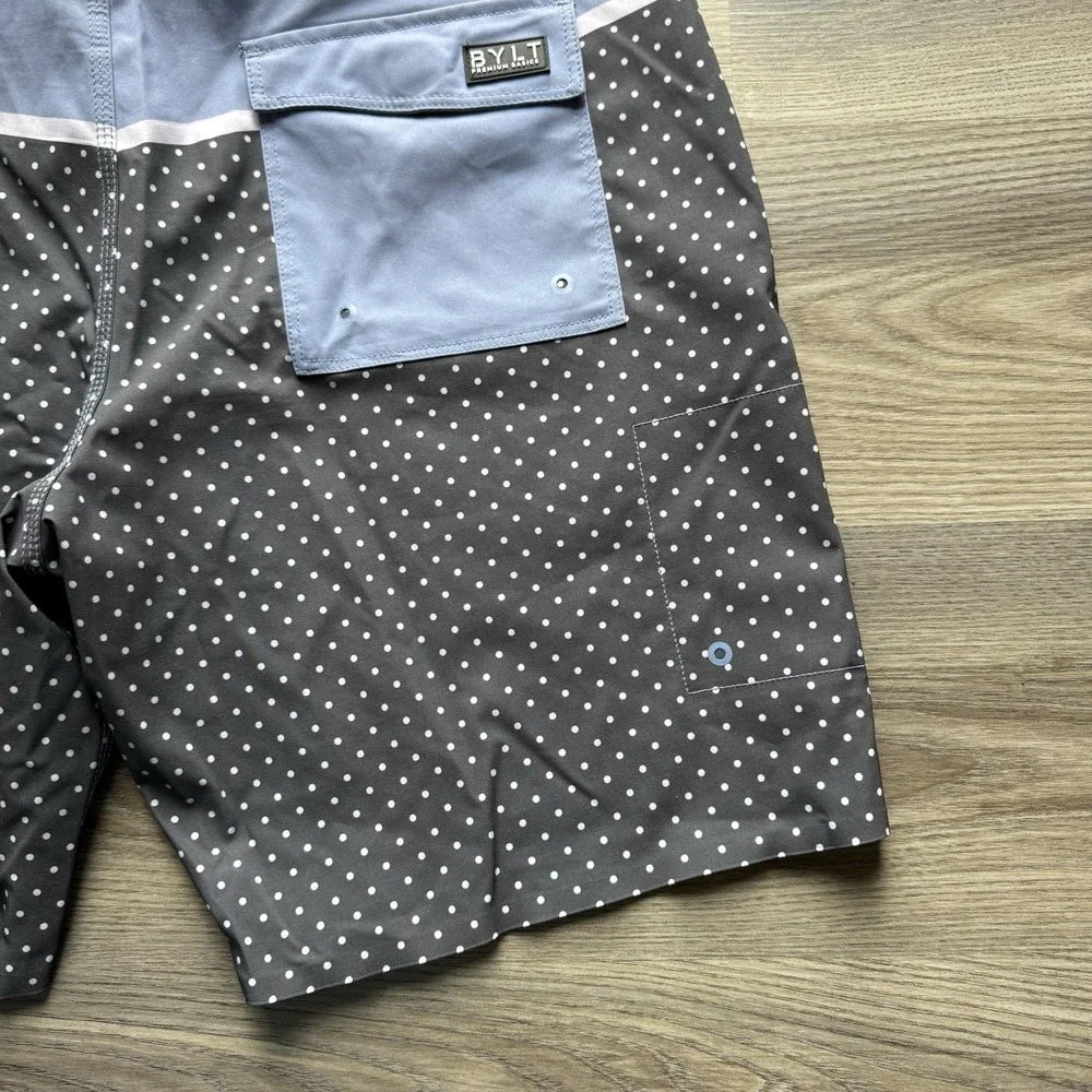 BYLT Coastal Board Shorts Blue‎ Black Dot Lightweight Pockets Swim Mens L